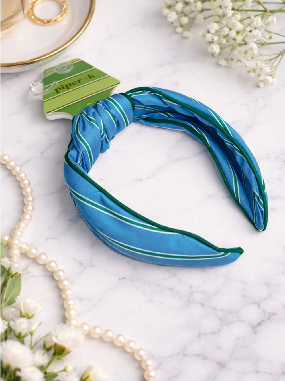 Piper K Blue Green Striped Headband Preppy Knot NWT One Size Chic Academia